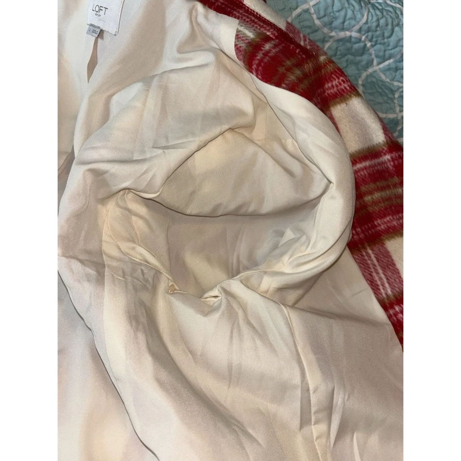 LOFT NWOTS Plaid Double Breasted Red Cream Coat Sz L Wool Blend Fully Lined Size L - Image 15