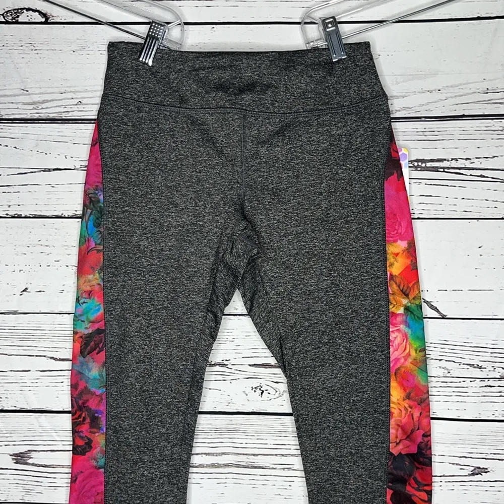 LuLaRoe NWT XS Black Space Dye - Floral Side Stripe Jade Athletic Capri Leggings - Image 2