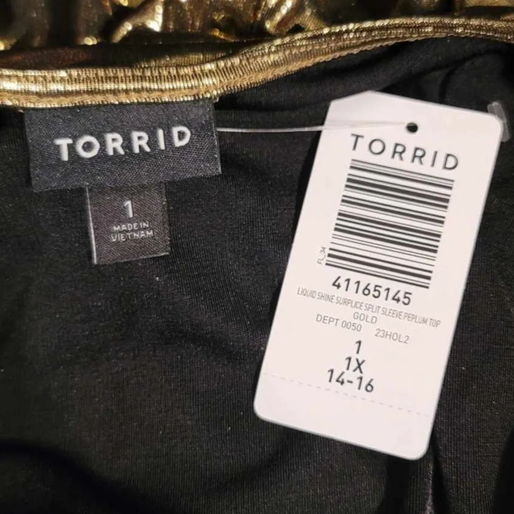 Torrid Liquid Shine Surplice Peplum Top Gold Plus 1X NEW - Image 3