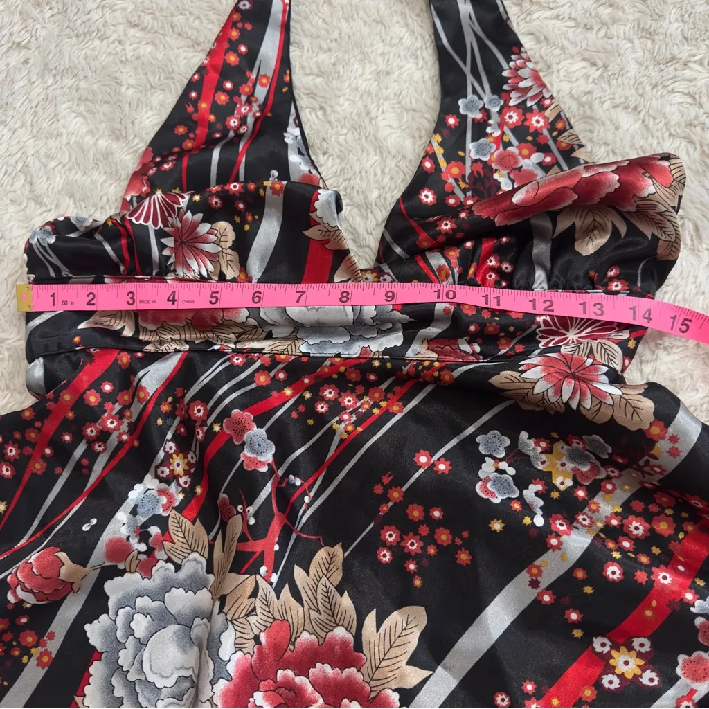 Vintage 90s Satin Floral Halter Top with Red and Black Accents - Image 9