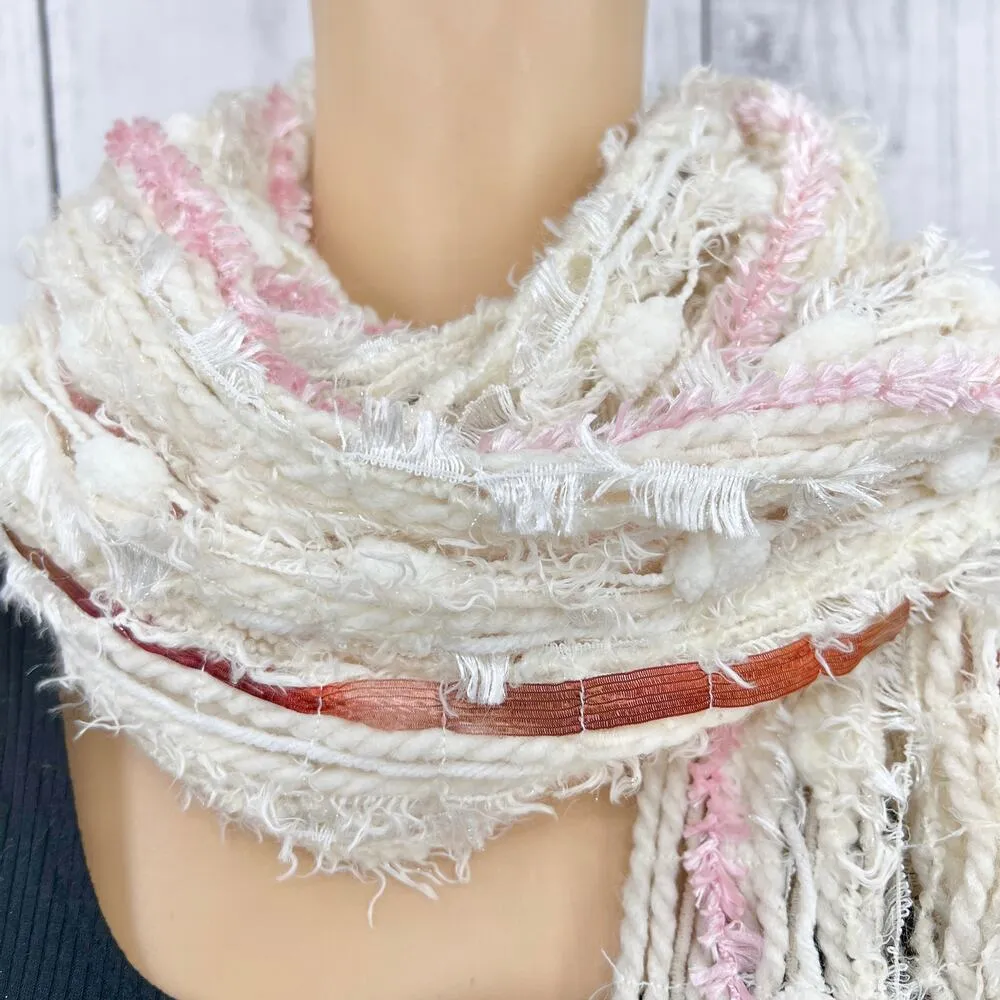Handmade Boucle Boho Fringe Scarf cream pink womens - Image 3