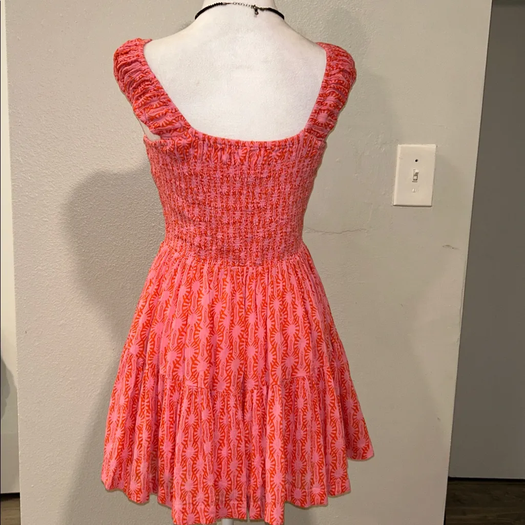 Free People Sweet Annie Mini Dress Pink Smocked Tiered Boho Size Small - Image 6