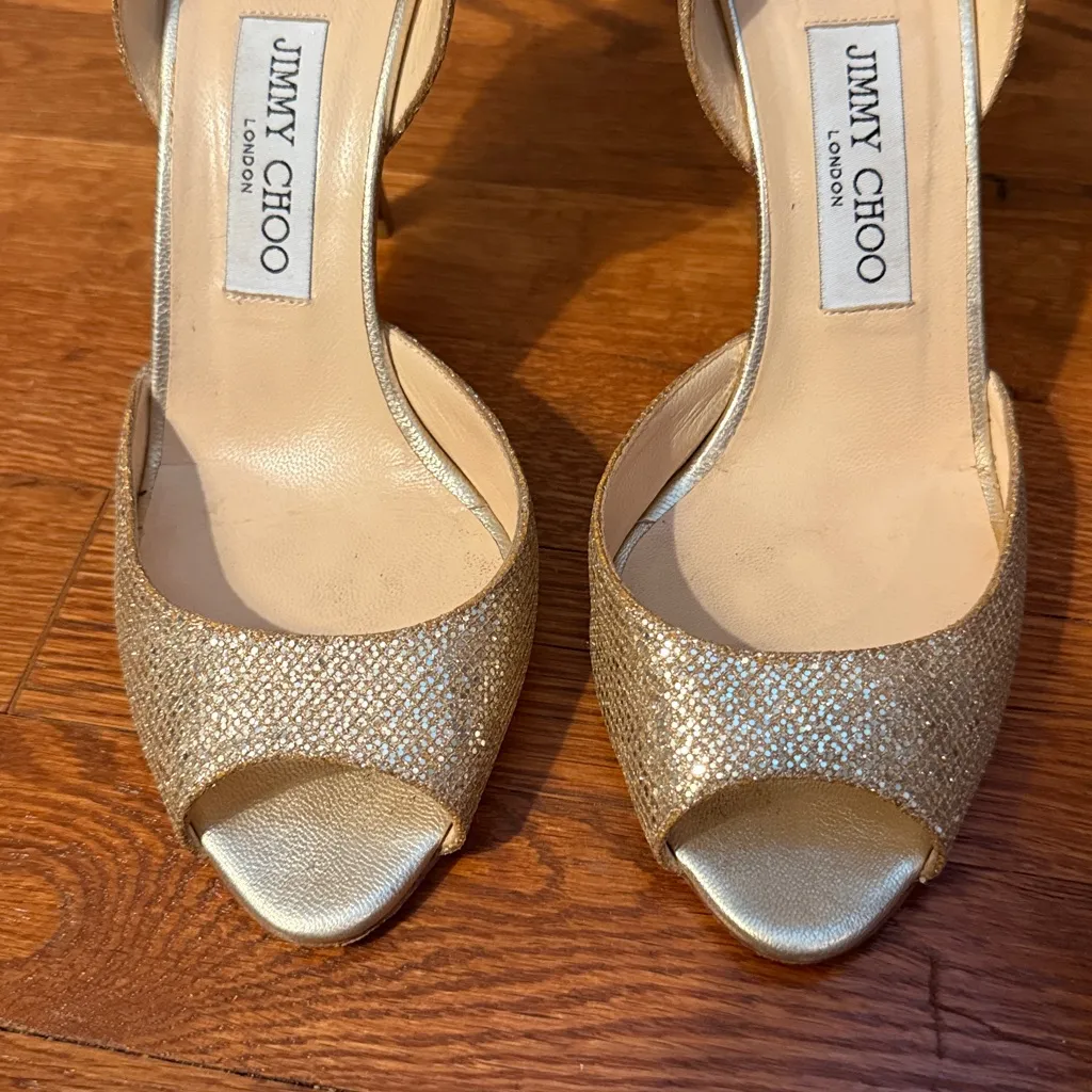 Jimmy Choo Shimmering Gold Open Toe Heels - Image 3