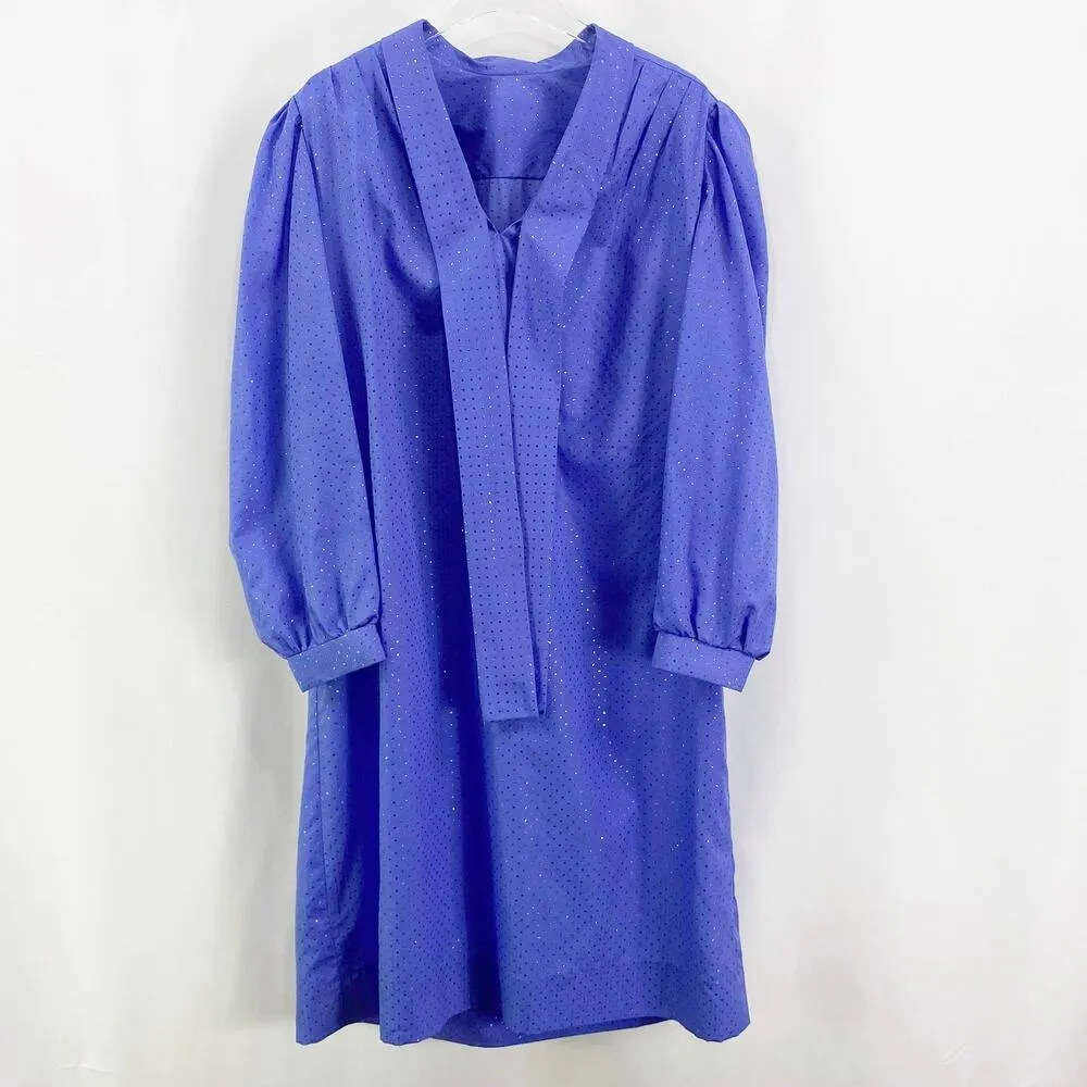 80s Vintage Blue Periwinkle Purple Long Sleeve Pleated Dotted Dress Size XXL - Image 7
