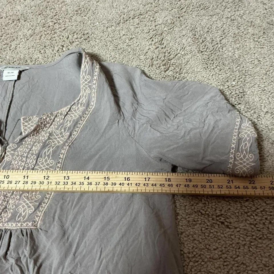 Ariat Grey Embroidered Tassel V-Neck Peasant Blouse Top M M - Image 3