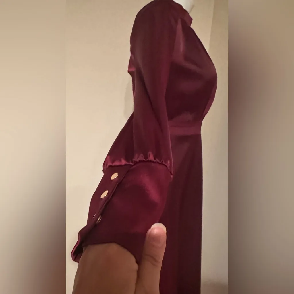 Chicwish Deep Satin Burgundy Long Sleeve 3 Gold Long Button Dress Sleeves  Sz XS - Image 11
