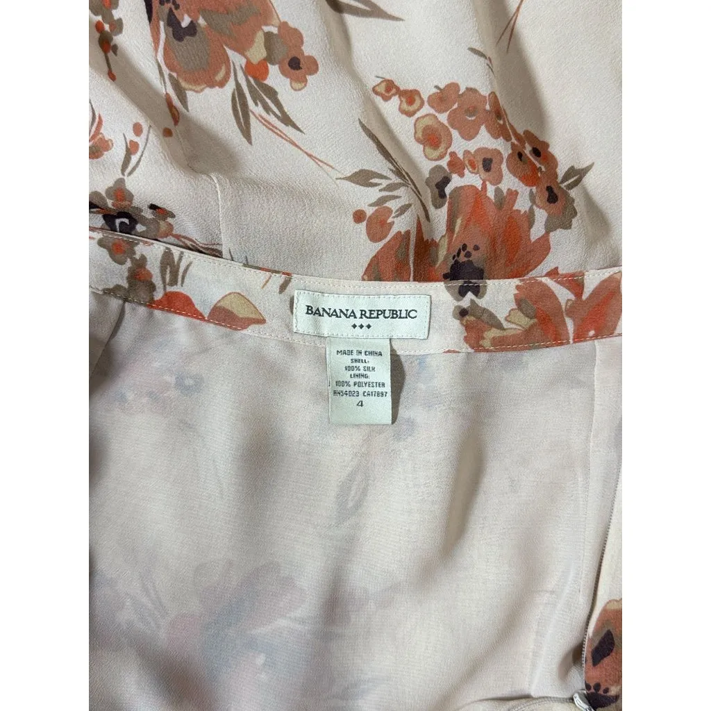 Banana Republic 100% Silk 2006 Floral Midi Skirt 4  Asymmetric Beige Ruffled Hem - Image 9