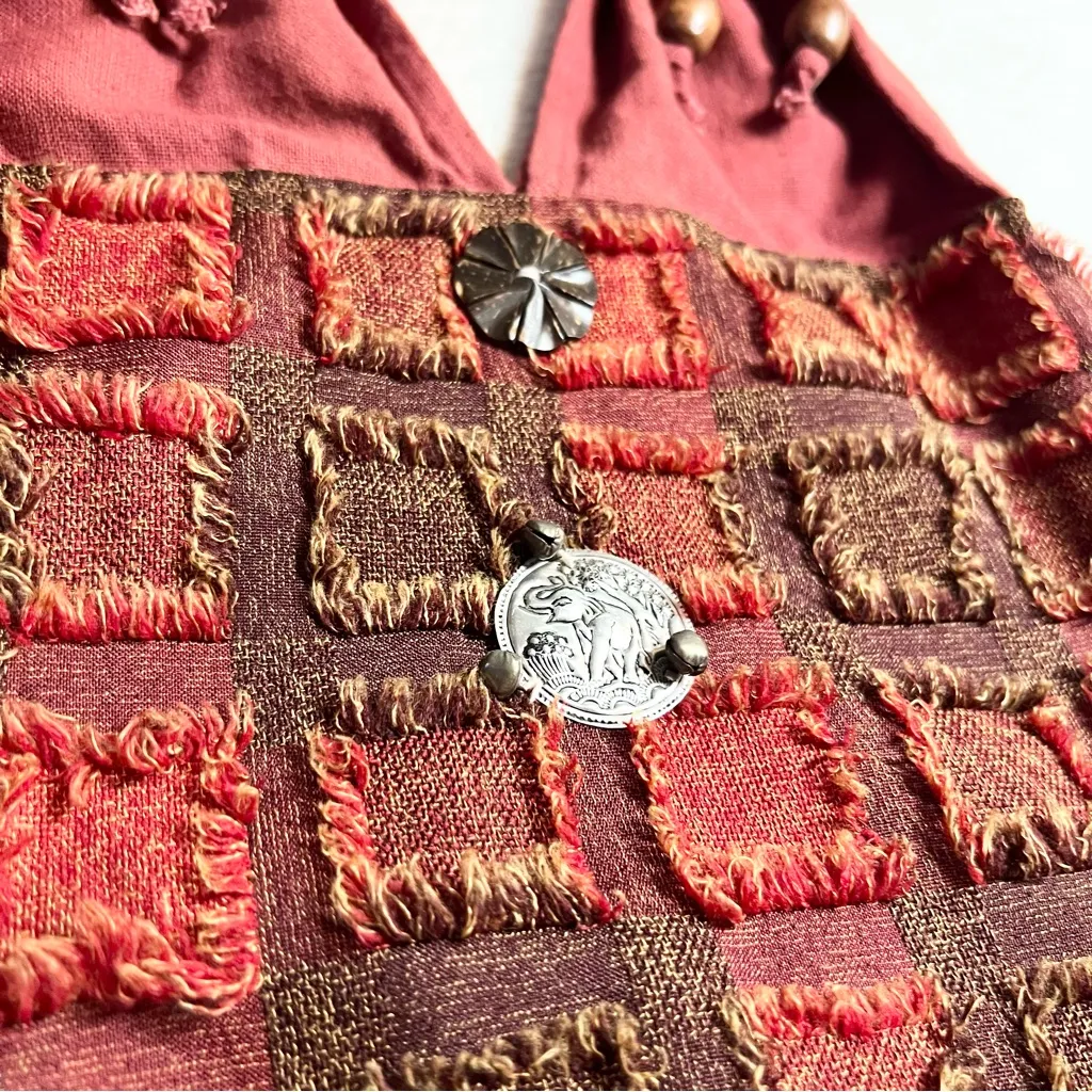 Bohemian Red & Brown Patchwork Shoulder Bag w/ Silver Elephant & Beaded Tassels - Image 3
