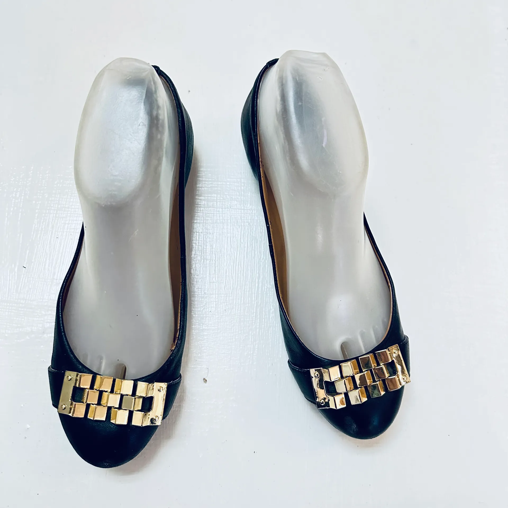 Black Leather Gold Buckle Ballet Flats 6.5 - Image 2