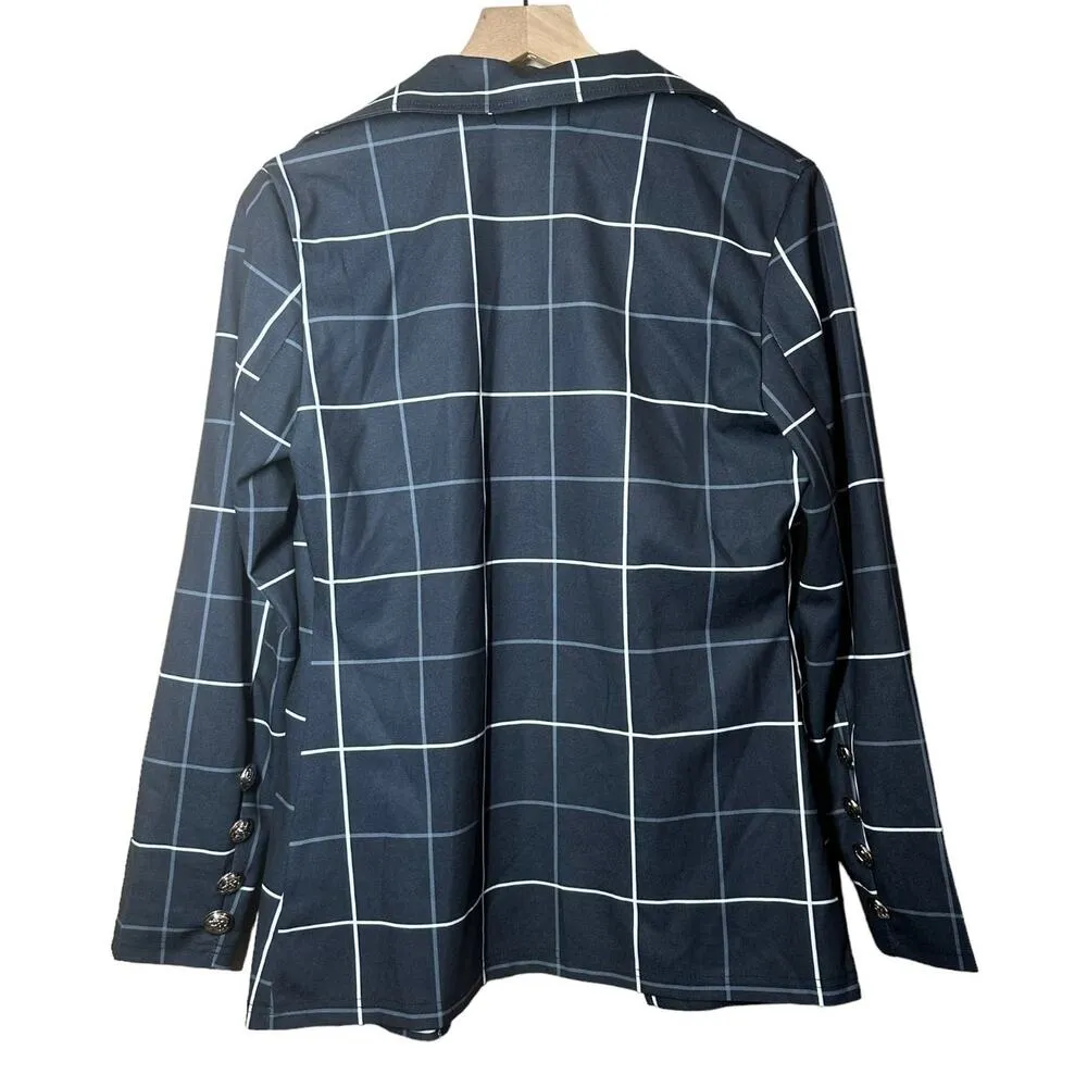 ChicMe Navy Blue Plaid Lightweight Blazer Size Medium Academia Black - Image 4