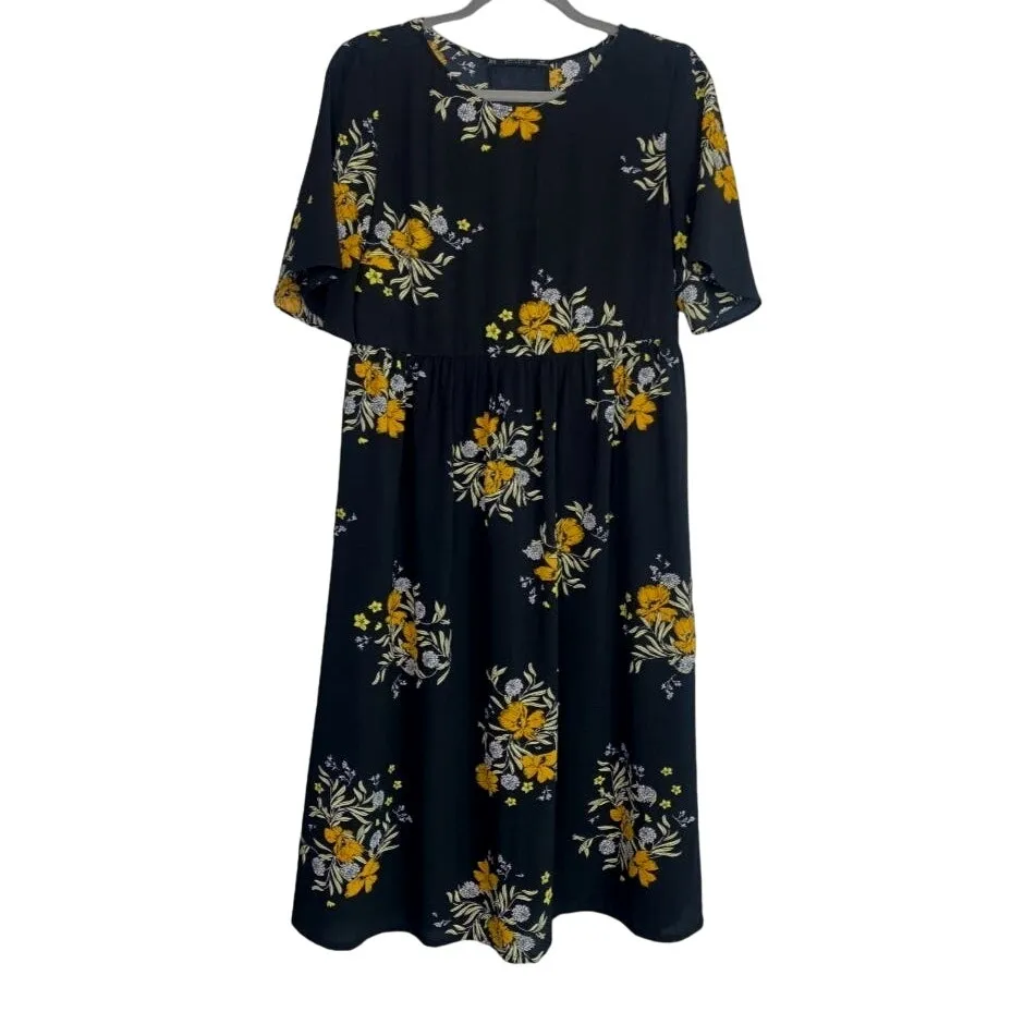 ZARA Floral Lace Up Back Babydoll Midi Stretch Dress Short Sleeve M Black Orange - Image 2