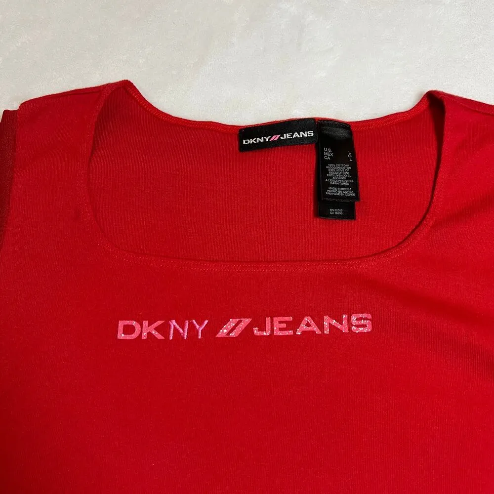 DKNY Jeans Logo Cap Sleeve Top Size Large Square Neck Y2K Casual 90s Colorful - Image 3