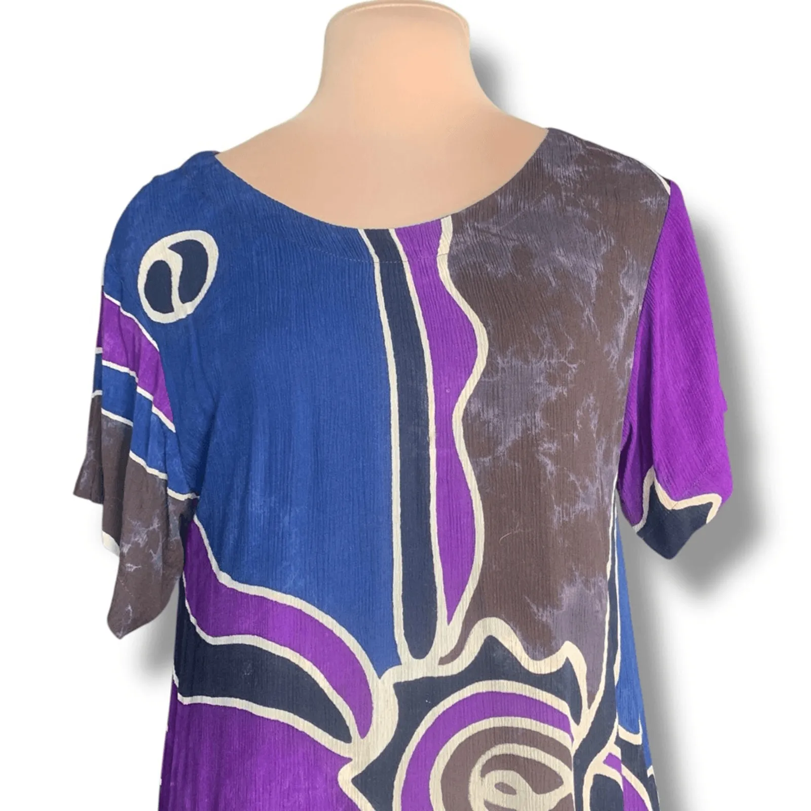 Vintage 90s Pelican Cove Rayon Maxi Dress Medium Abstract Purple Brown Blue Boho - Image 6