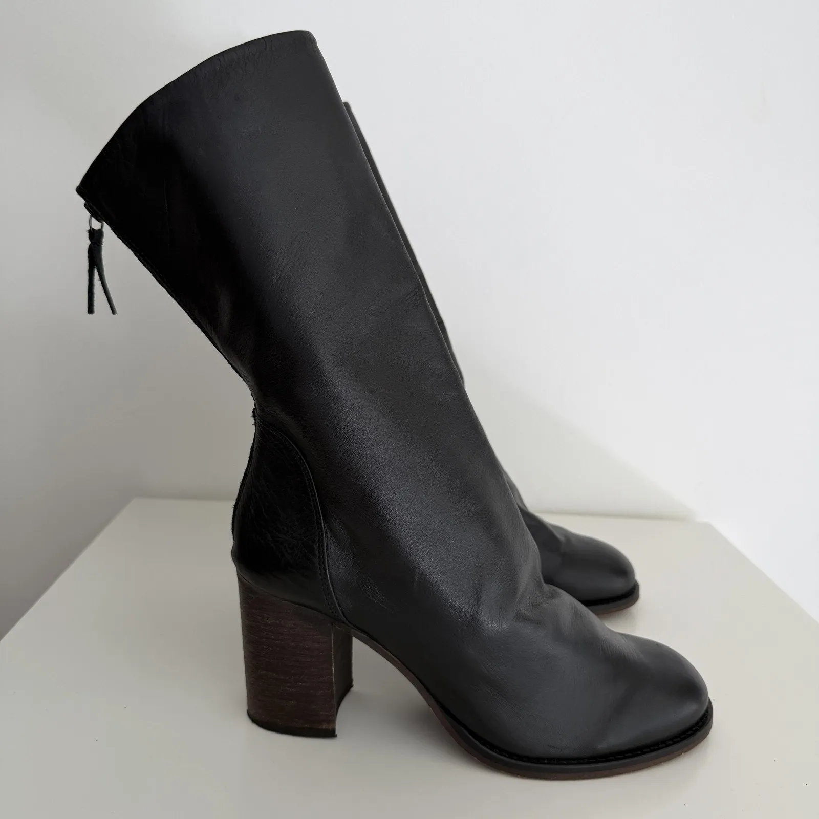 Free People Elle Slouch Boots Women 10 Black Leather High Block Heel Zip Booties - Image 4