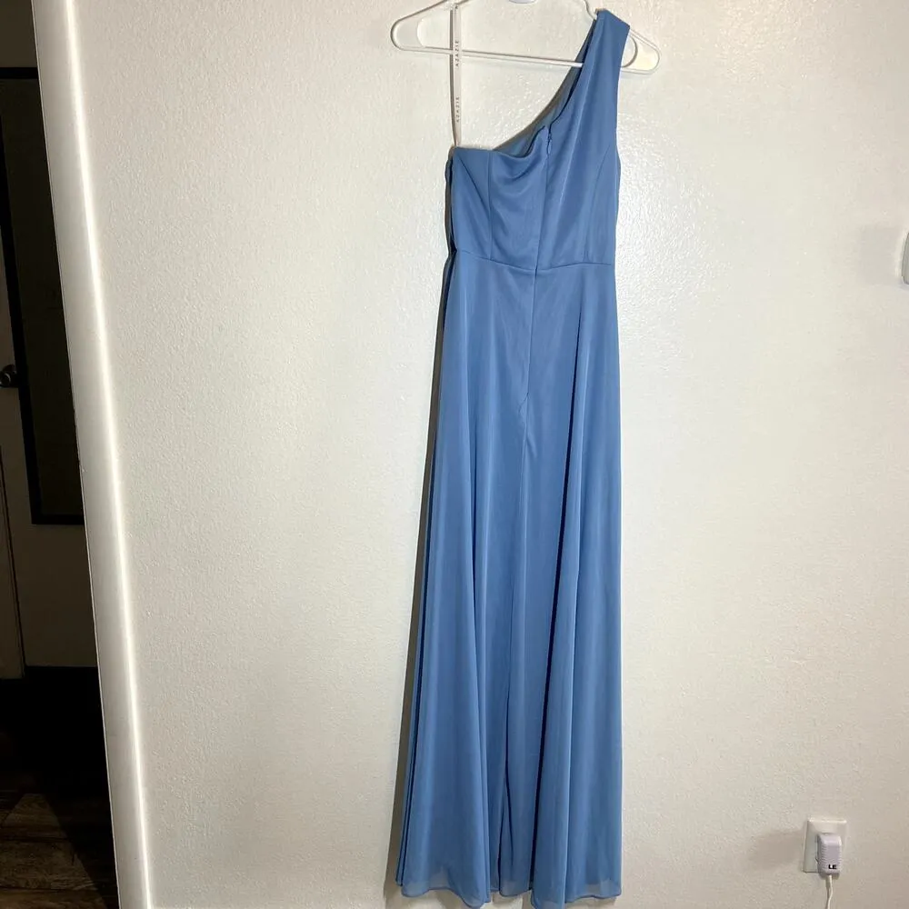 Azazie Carissa Bridesmaid Dress Chiffon One Shoulder Side Knot Dusty Blue A4 - Image 5