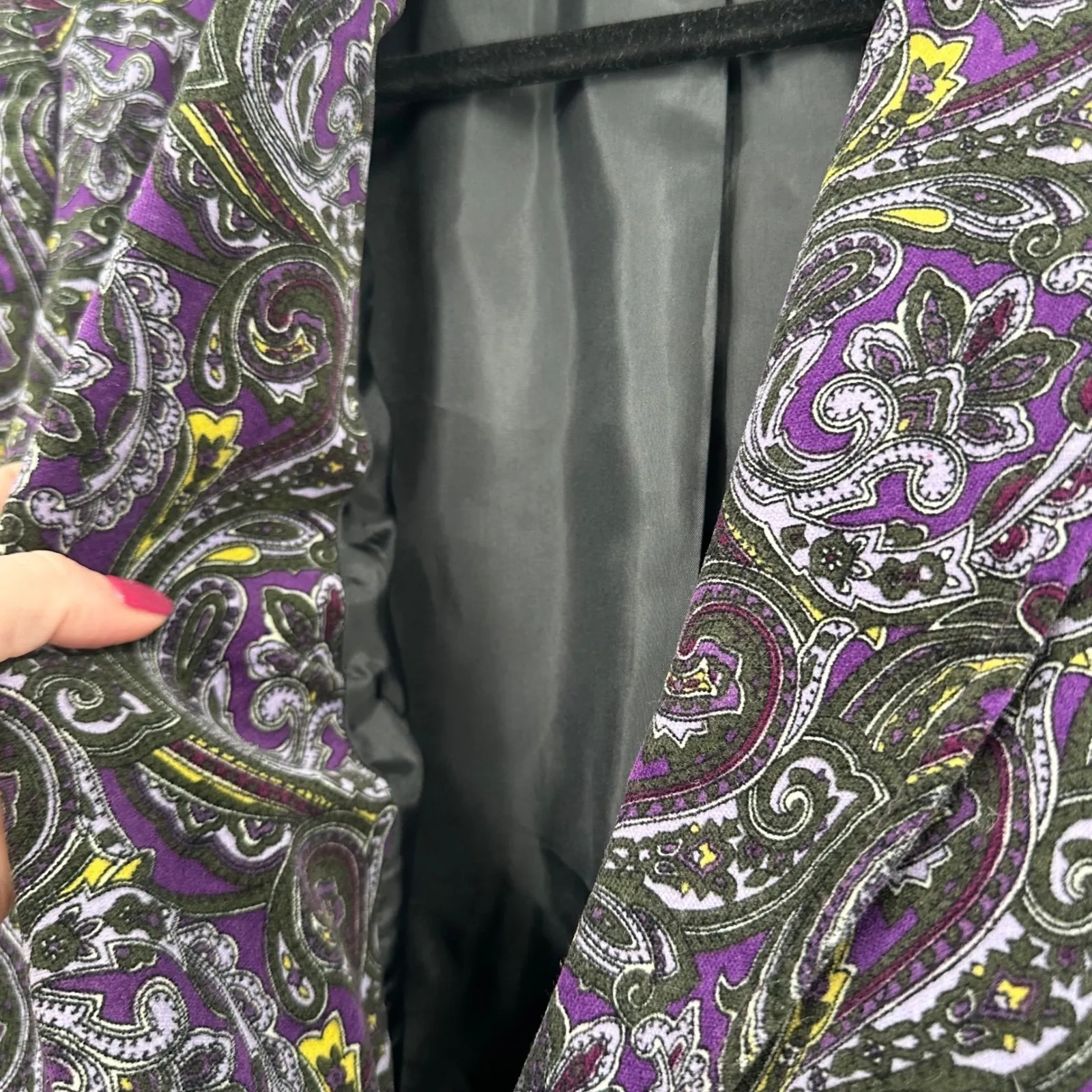 Talbots Woman Paisley Print Blazer Jacket Purple Yellow Black Size 14W velvet - Image 7