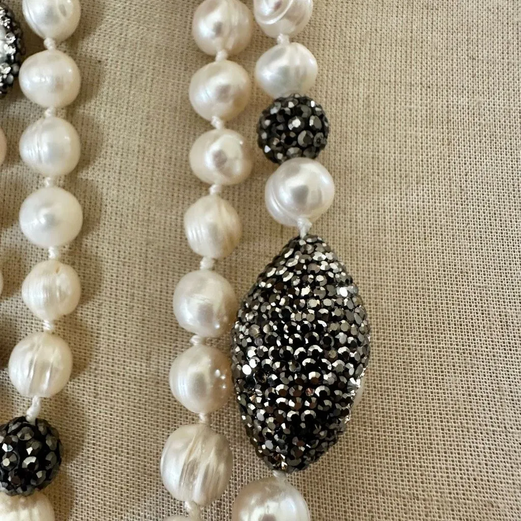 Freshwater Pearl & Pavé Crystal Long Necklace ✨ Sterling Clasp • Hand - Image 10