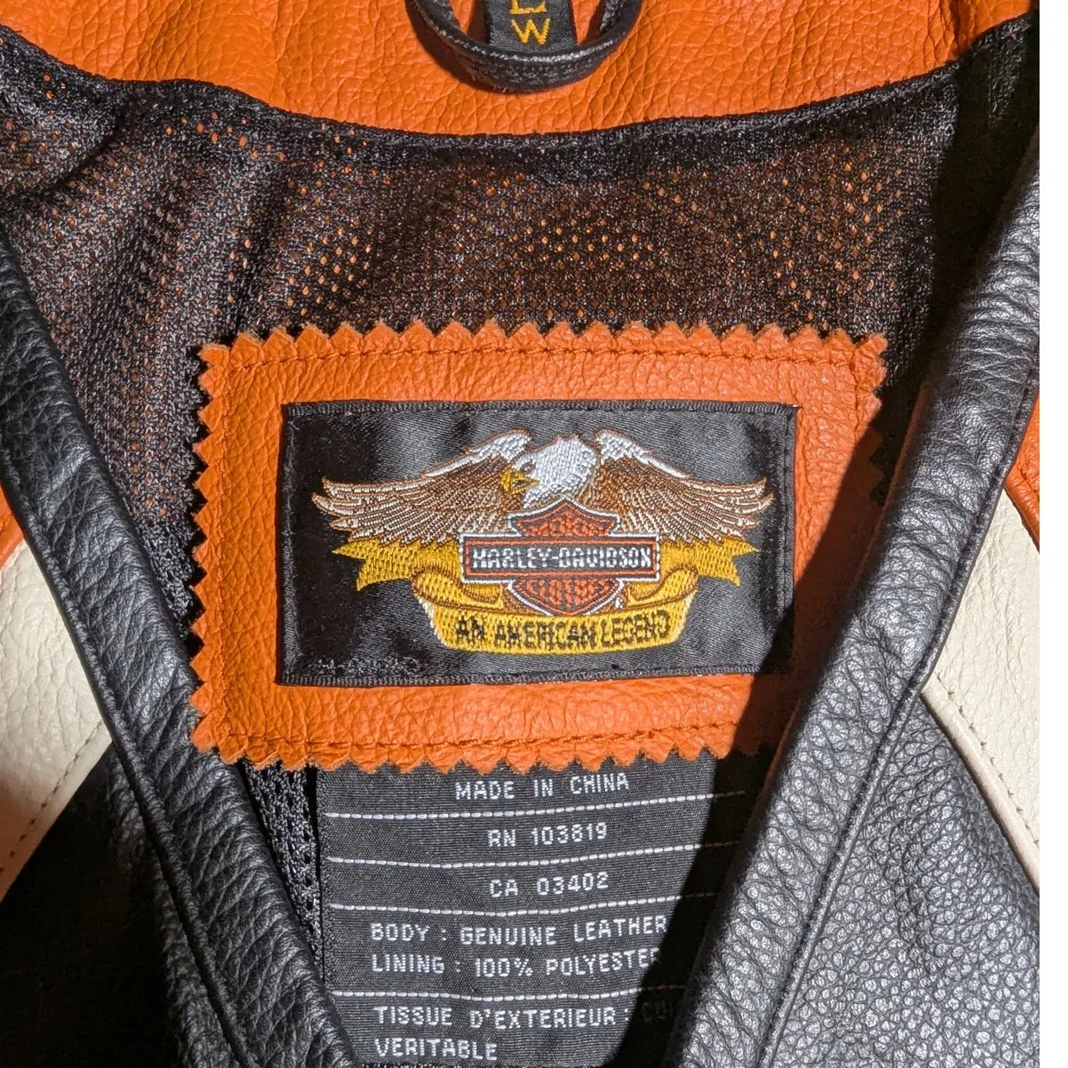 Vtg Y2K Harley Davidson Orange Black Wings Logo Leather Full Zip Fitted Vest L Size L - Image 3