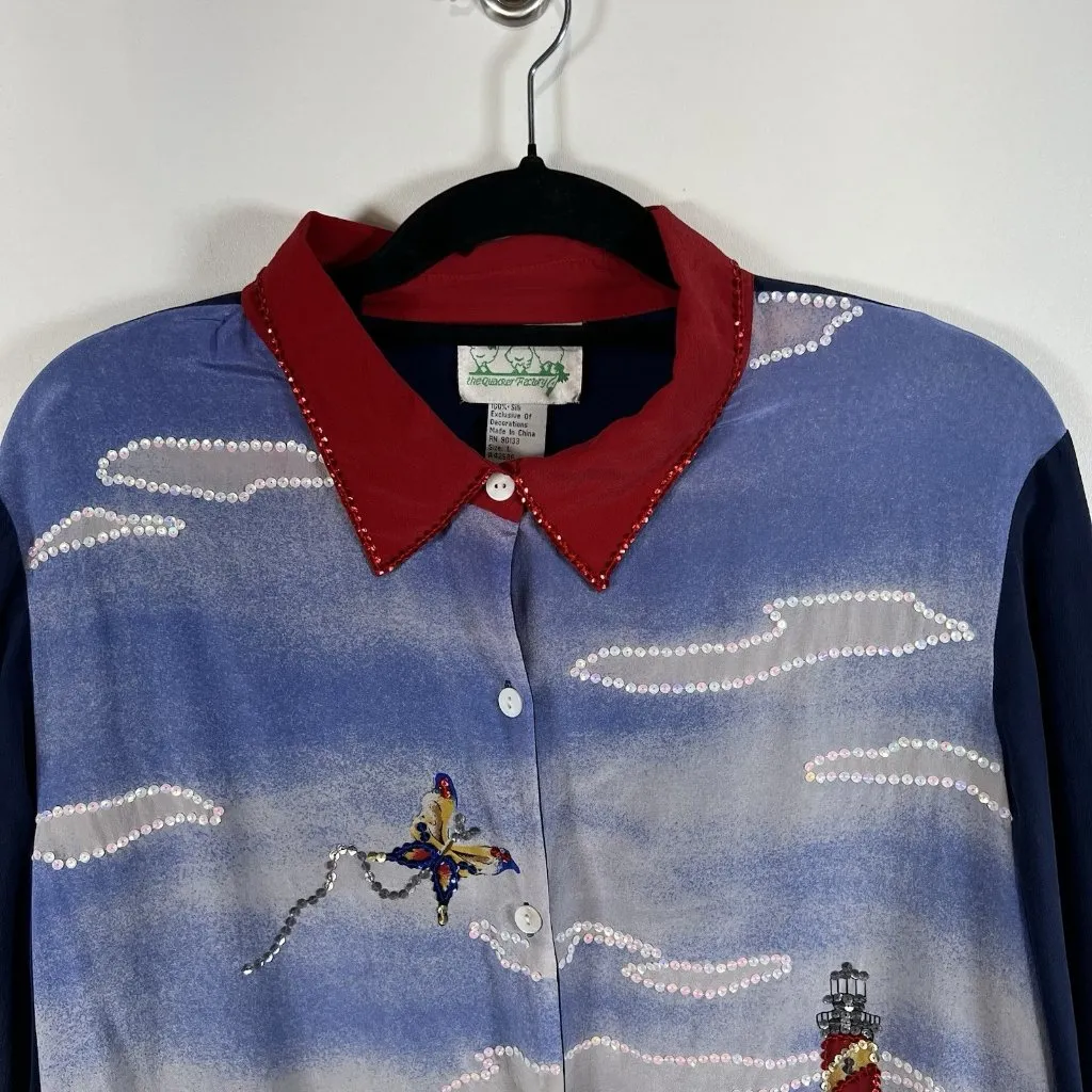 Quacker Factory Womens 100% Silk Button Up Top Size‎ Large Nautical Sequin Art - Image 2