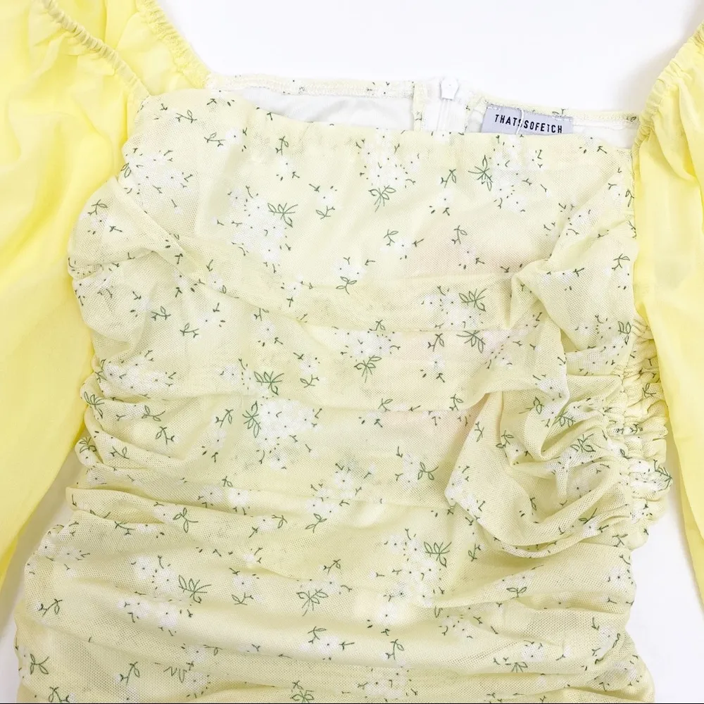That’sSoFetch Lorde Ruched Puff Sleeve Mini Dress: Yellow Ditsy Floral - Image 8