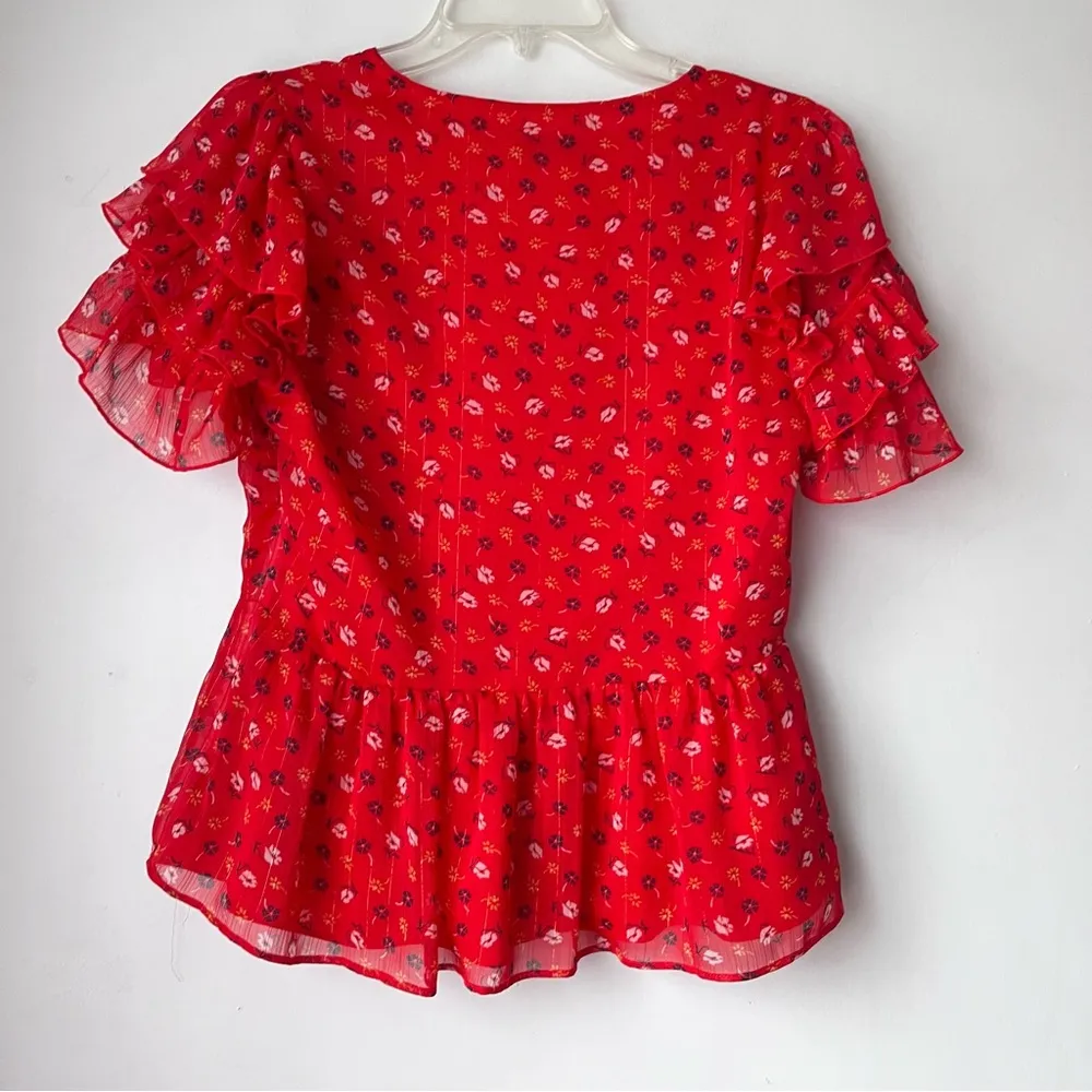 Red Metallic Prairie Floral Posies Tiered-Sleeve Peplum Top S - Image 9