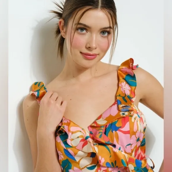 INA Floral Ruffle Strap Wide-Leg Jumpsuit Pink Multi Size Small NWT - Image 6