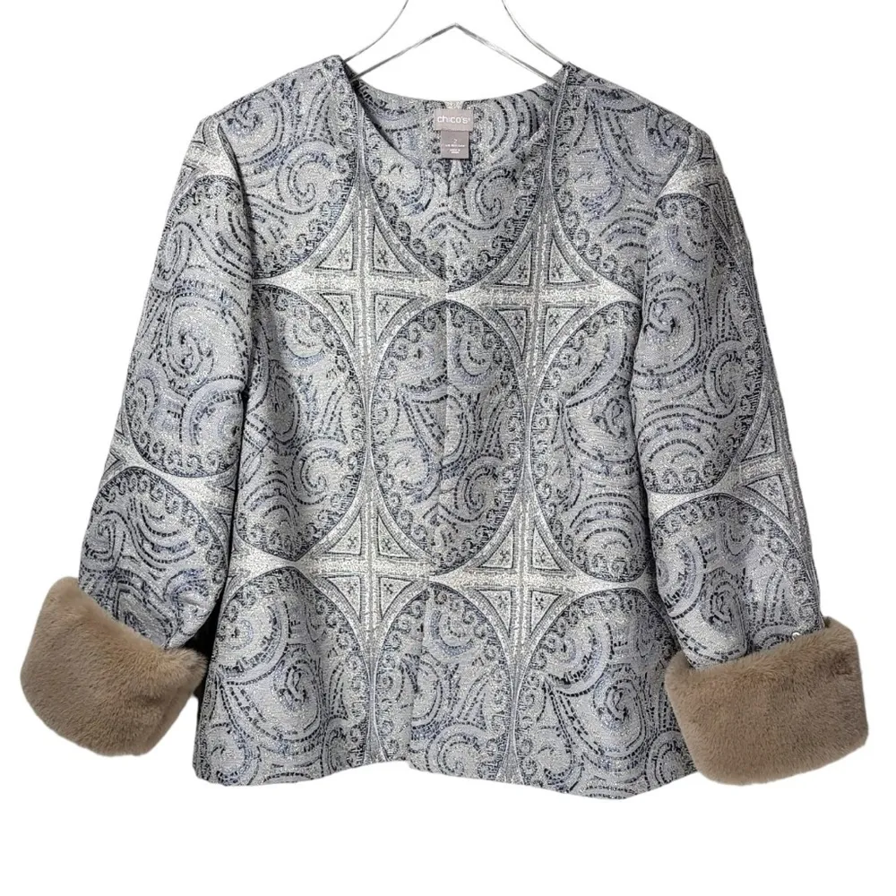 Chico’s Convertible Faux-Fur Cuff Jacquard Jacket in Taupe/Blue - Image 5