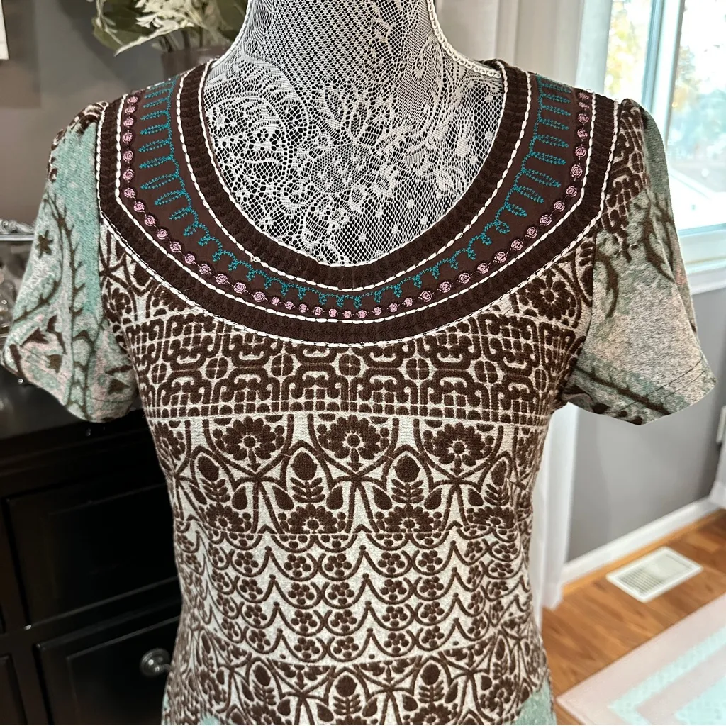 Papillon Boho Paisley Knit Brown Teal Floral Sweater Dress Eclectic Grandpa M Size M - Image 3