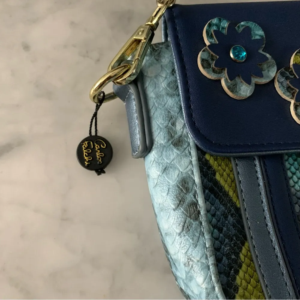 Carlos Falchi Crossbody Purse Flower Embellished Snakeskin Pattern Chain Strap Blue - Image 2