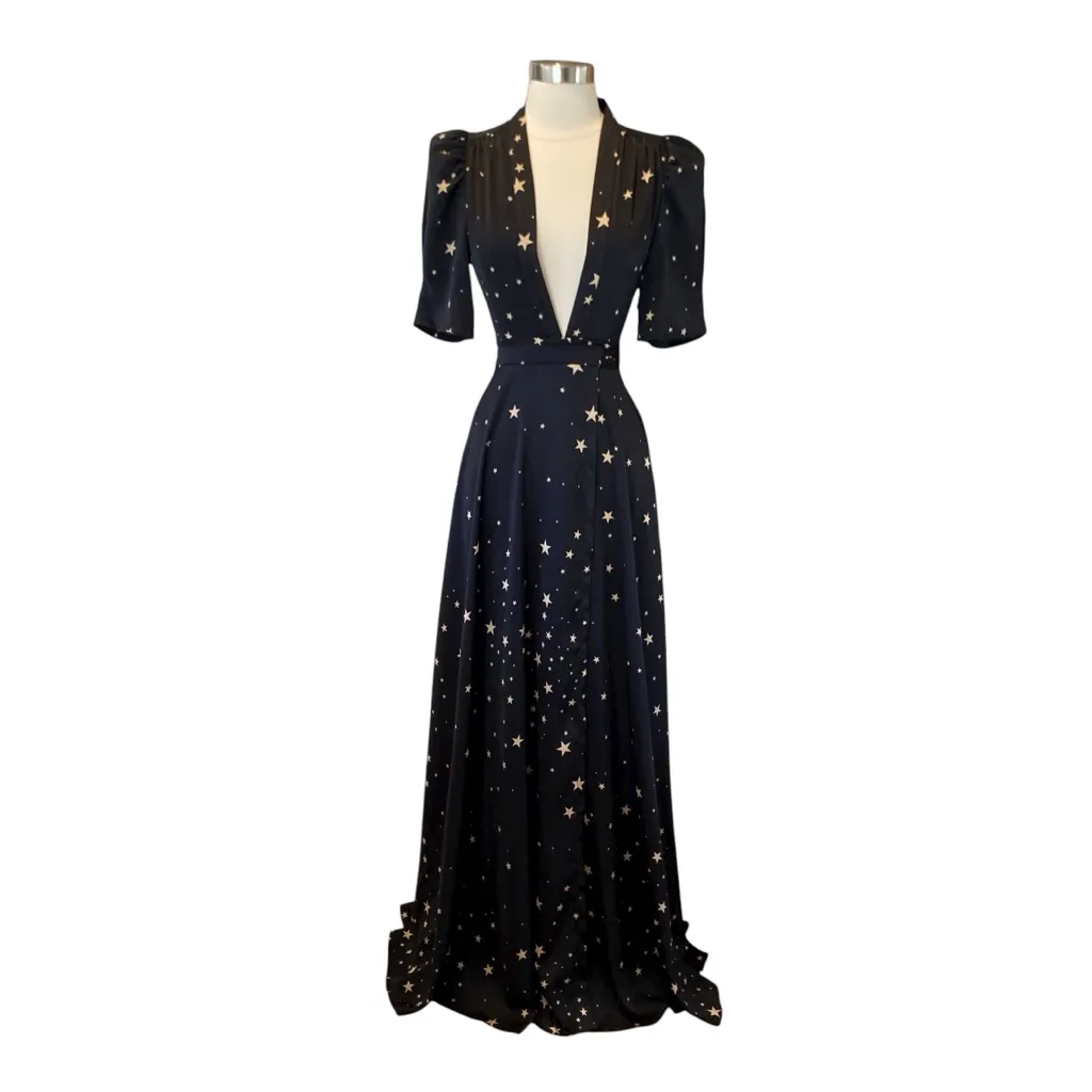 Stoned Immaculate Hollywood Black Star Print Short Sleeve Maxi Wrap Dress XS - Image 3