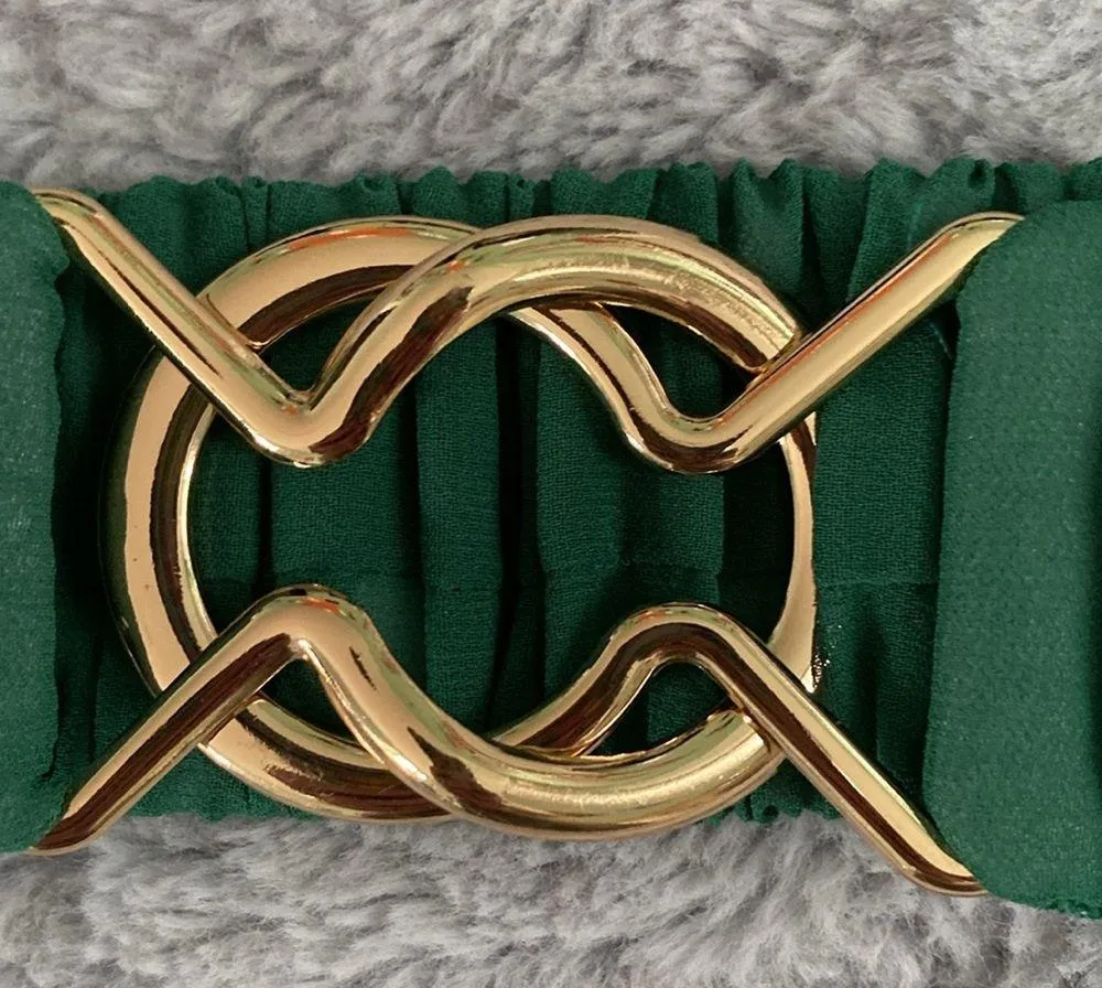 Green chiffon and Gold tone Stretch Belt with interlocking clasp - Image 2