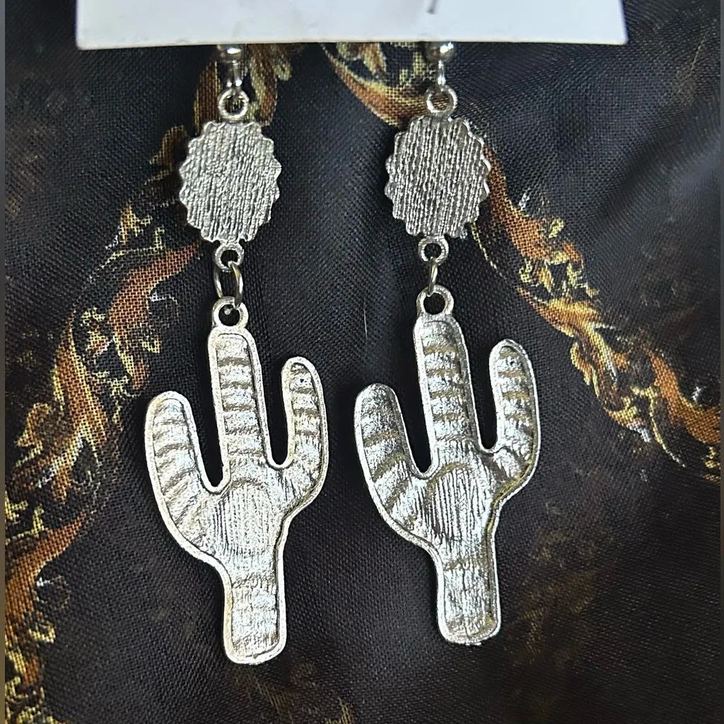 New Silver Cactus Earrings with Turquoise Accents - Image 2