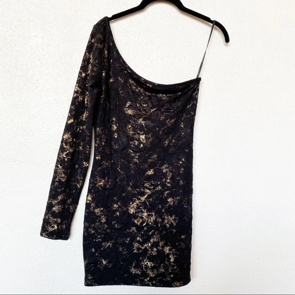 Forever 21 Black and Gold Textured One Shoulder Mini Dress Size Small - Image 2