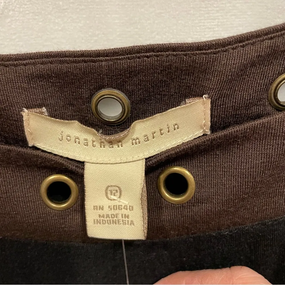 Y2K NWY flowy drop waist grommet hole trim short sleeve mini dress black brown - Image 4