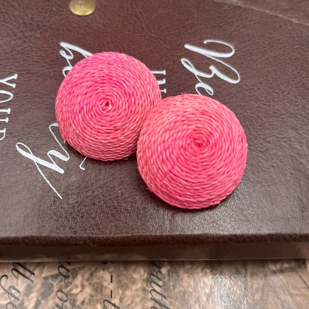 Handcrafted Oversized Pink Swirl Woven Round Disc Stud Earrings - Image 10
