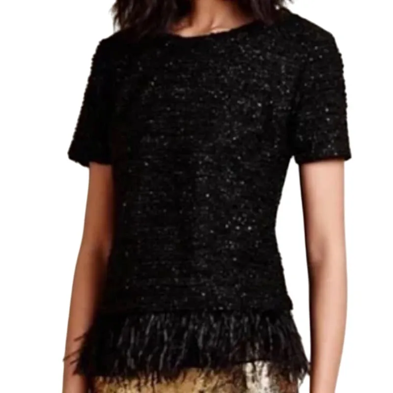 Ann Taylor Black Sequin Short Sleeve Feather Trim Round Neck Shirt Top Size XS - Image 2