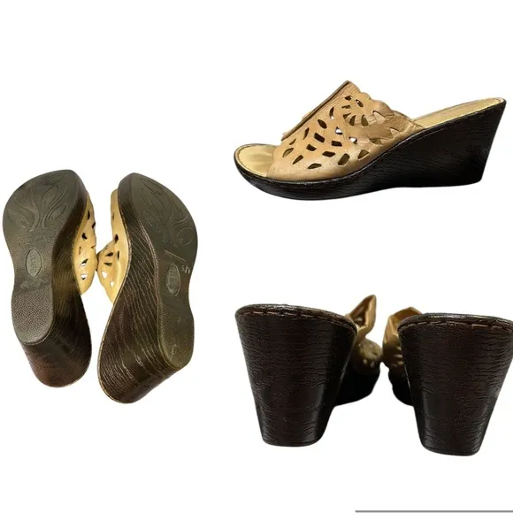 Born Slide Sandals Tan Brown Leather Open Toe Wedge Heel Laser Cut Womens 8 M - Image 2