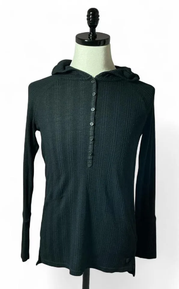 Burton Long Sleeve Hooded Henley Top Black Thermal Knit - Image 1