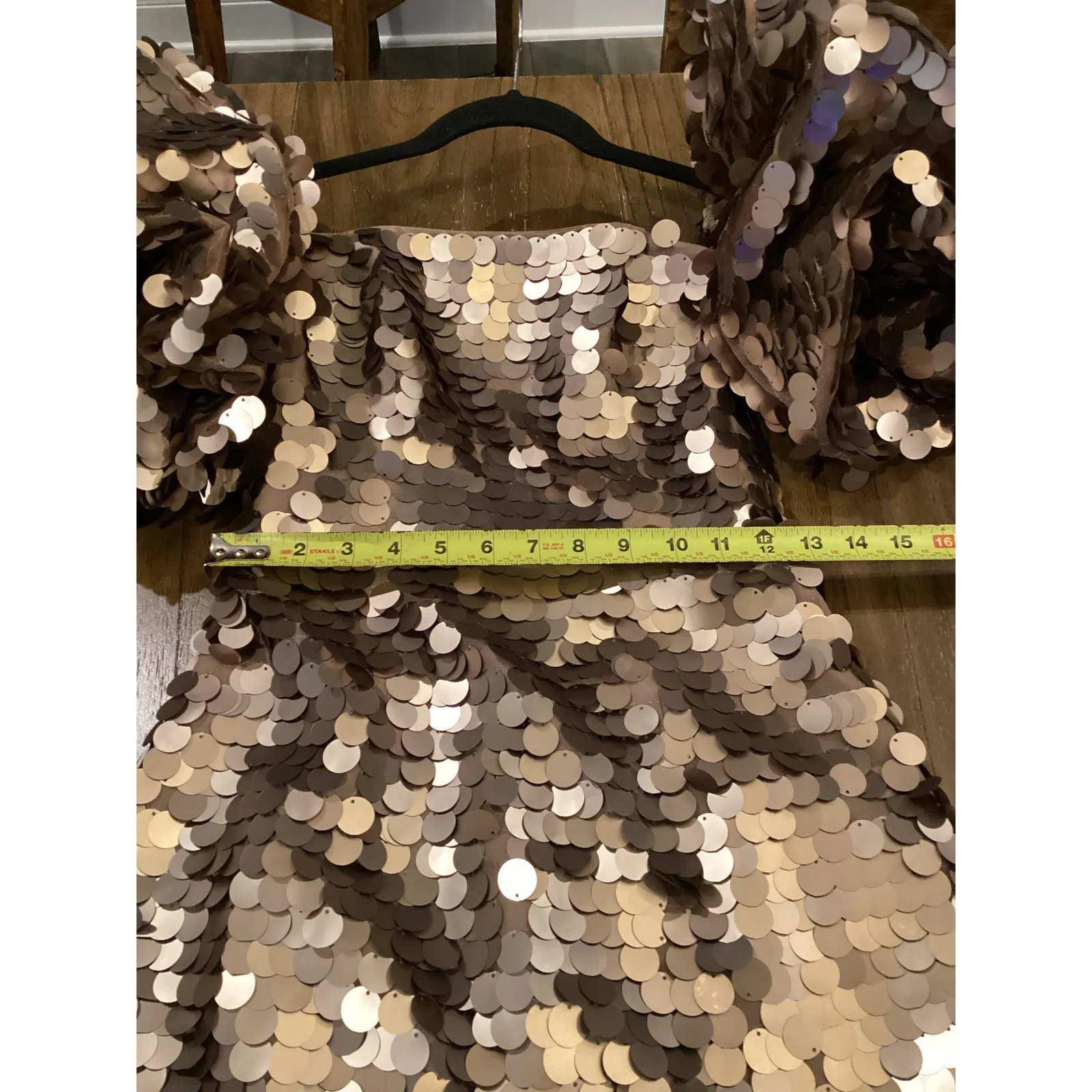 LEO LIN Brenda Gold Brown Sequin Puff Sleeve Statement Piece Mini Dress US 2 NWT - Image 6