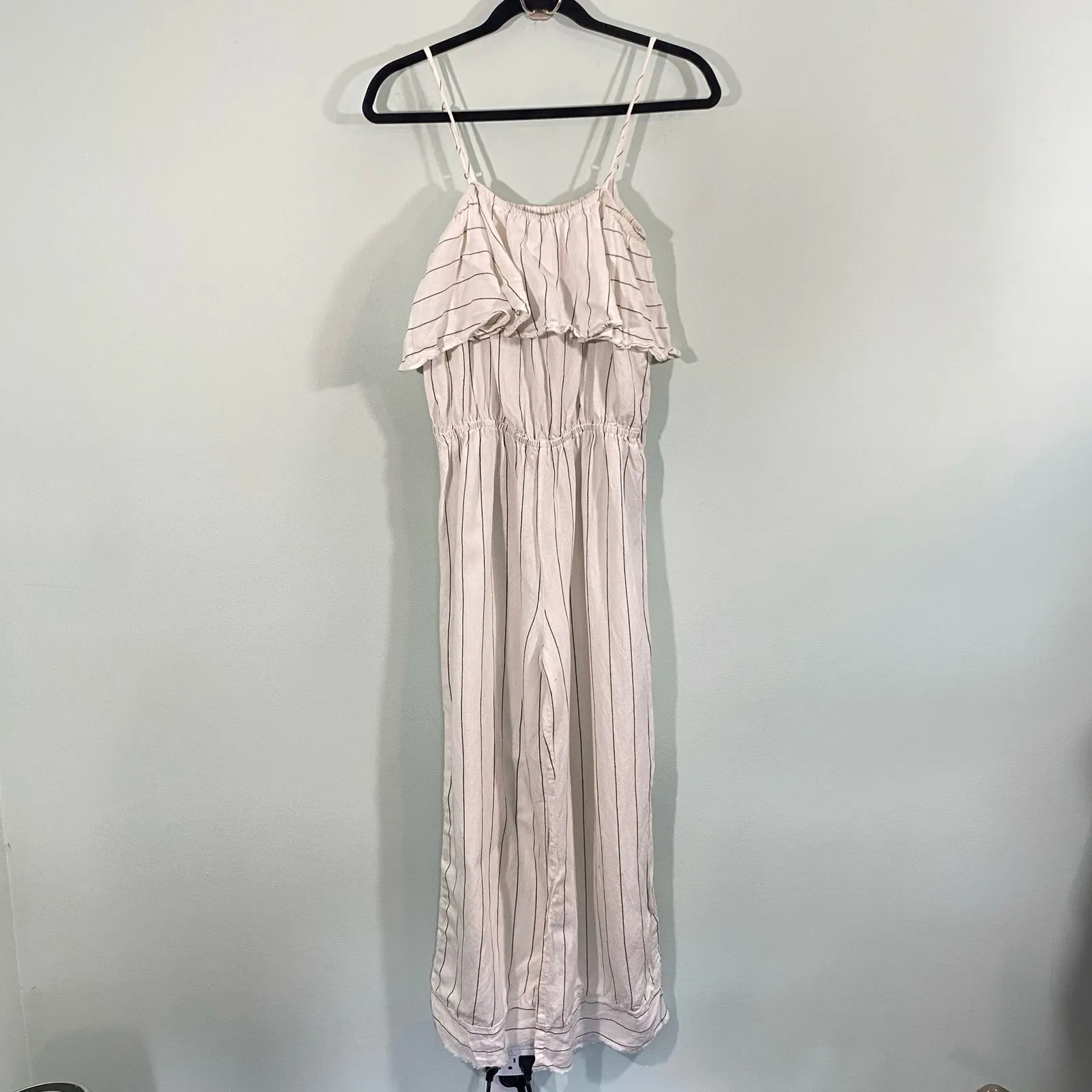 Vintage Havana White Striped Ruffle Raw Hem Linen Blend Wide Leg Jumpsuit Sz L - Image 2