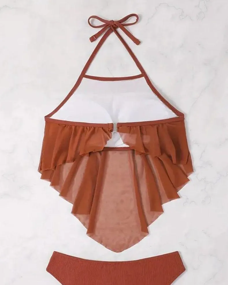 Caramel Solid Color Two Piece Bikini Sets Swimsuit, Halter Neck High Waist Size M - Image 2
