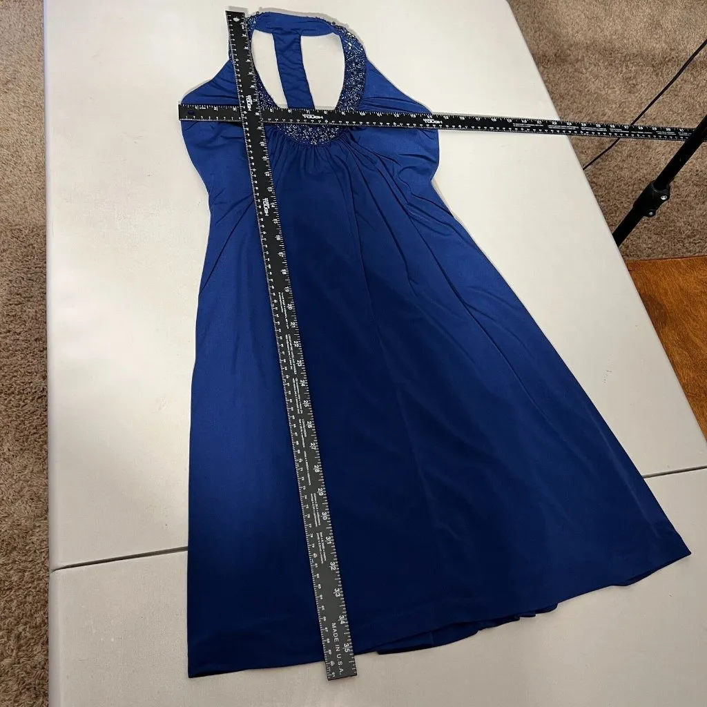 Alex Evenings Dress 4P Navy Blue Pleated Beaded Halter V-Neck Padded Bust Party - Image 3