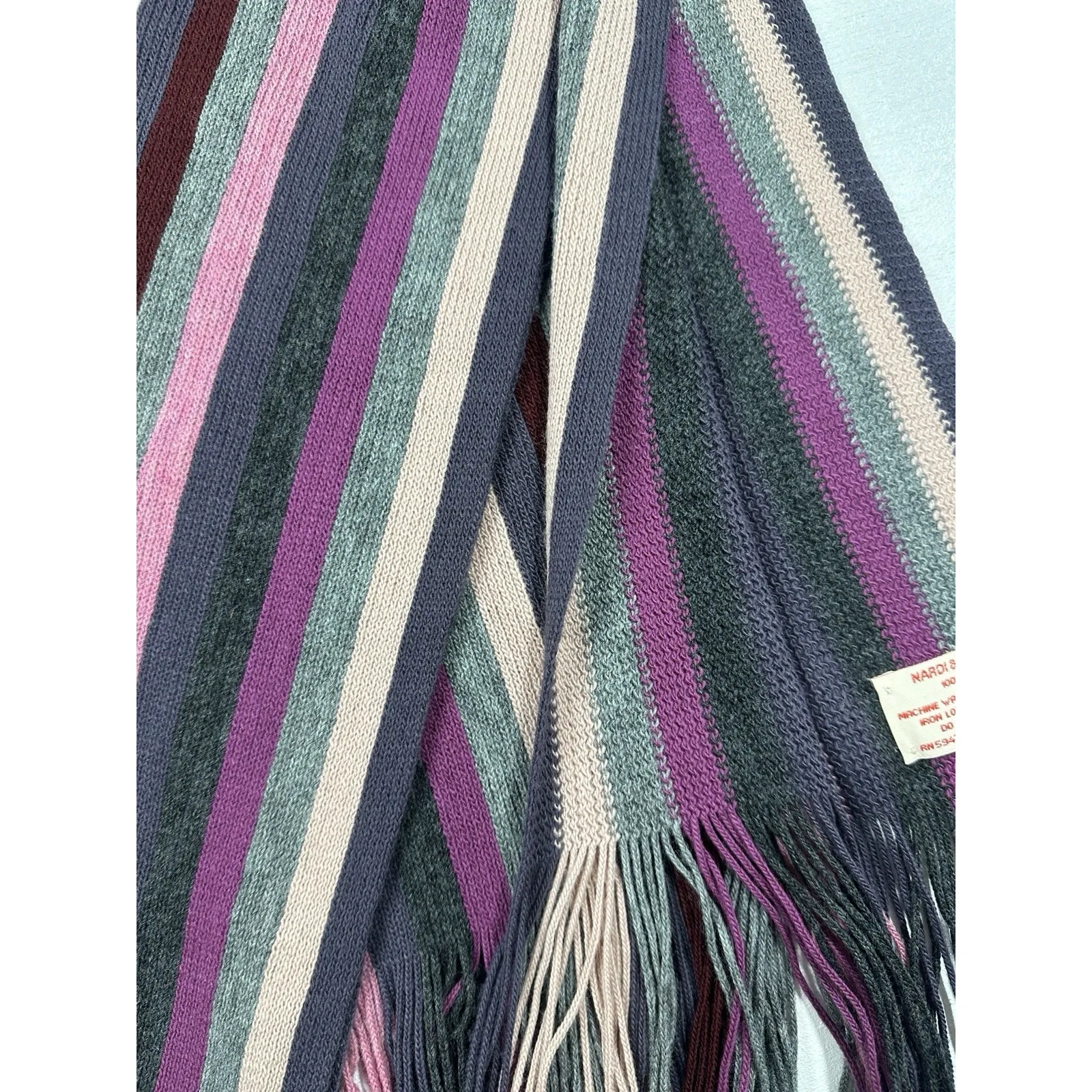 Vtg Nardi & Tagliaferri Italian Knit Fringed Striped Scarf 10"x68" Unisex (b7A) Purple - Image 2