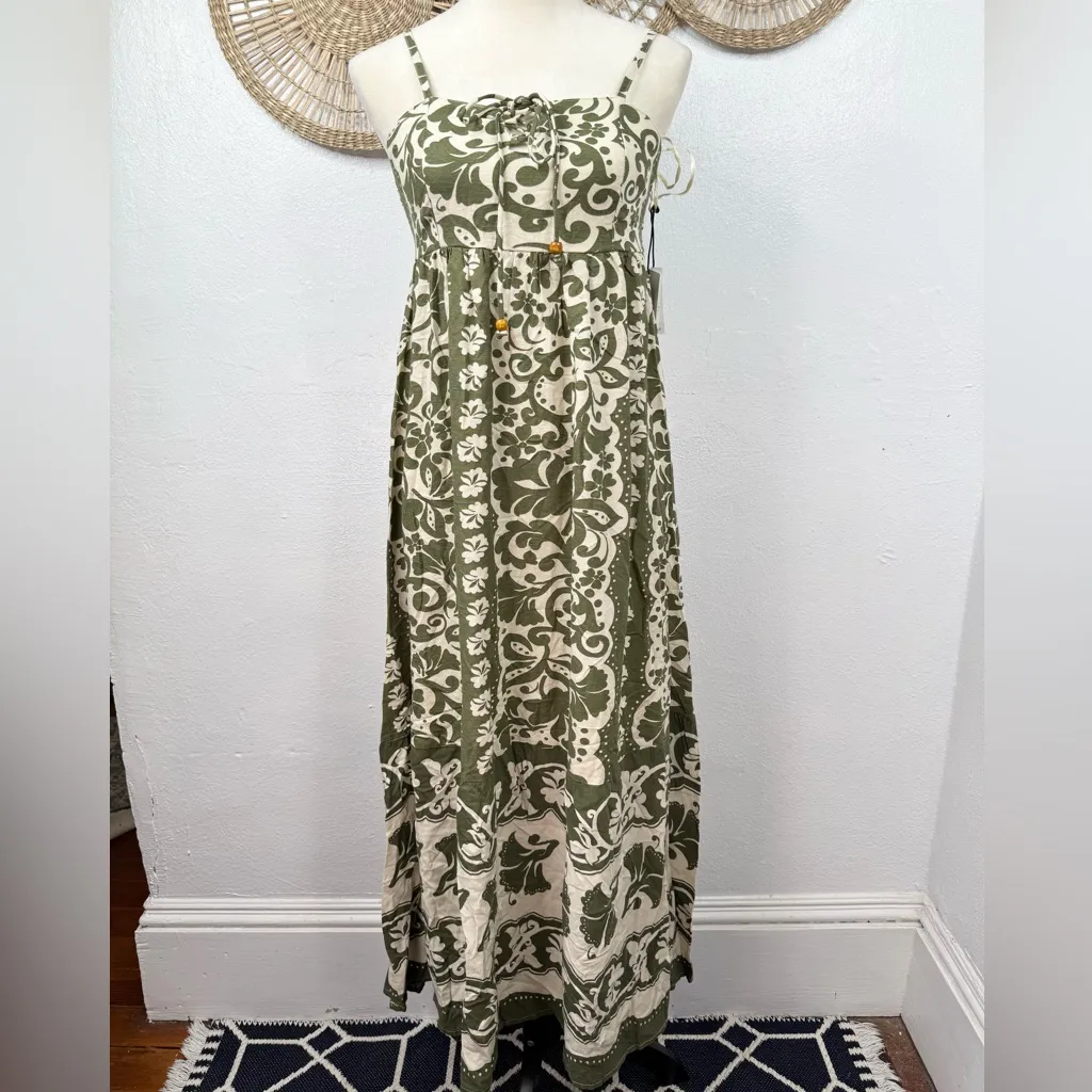 Japna Maxi Dress Womens Size M Green & Cream Floral Scroll Lace-Up Boho - Image 11