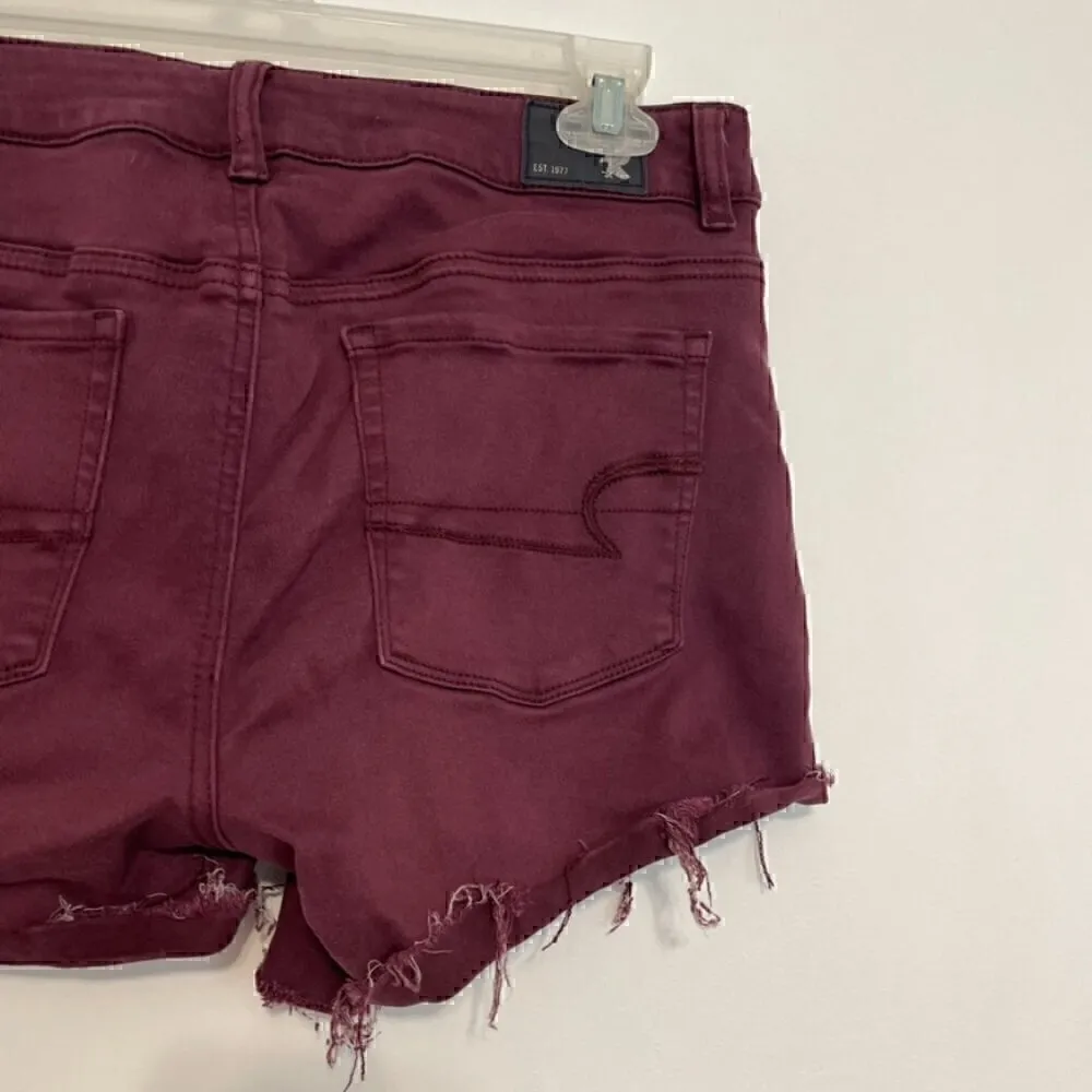 AMERICAN EAGLE Super Stretch Hi-Rise Shortie Burgundy Maroon Red Raw Hem Shorts - Image 15