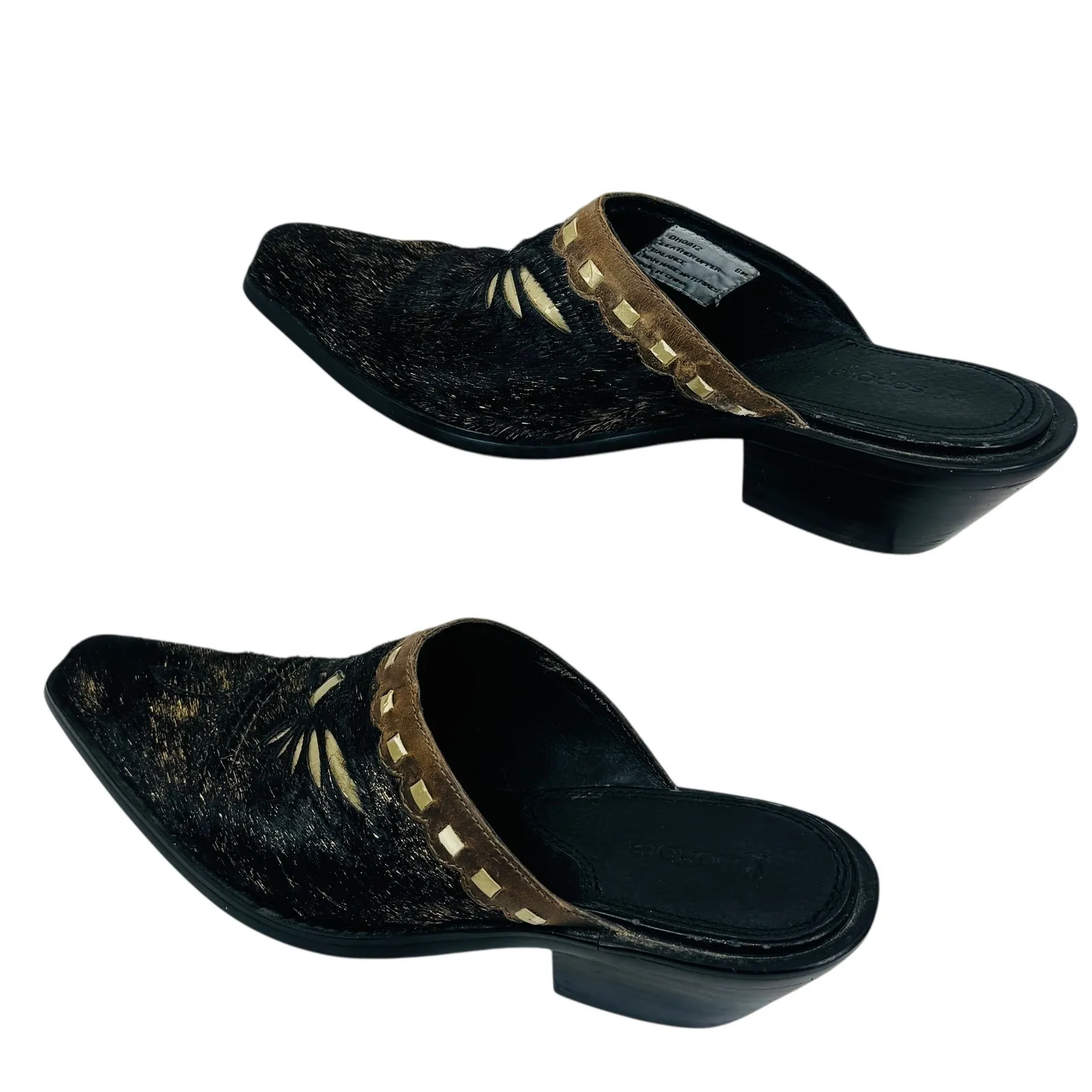 Sonora Hair On Hide Western Mules Sz 6 Black Gold Leather Cowgirl‎ Heels Boho - Image 9