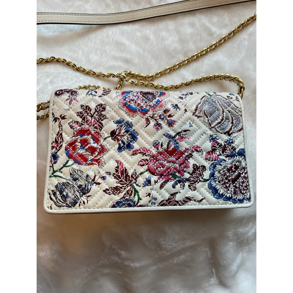 Tory Burch Fleming Floral Leather Chain Wallet Crossbody Purse Bag White Purple - Image 6