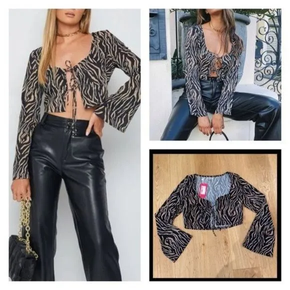 Beginning Boutique Luna Zebra Tie Detail Open Front Crop Top Size US6 - Image 2