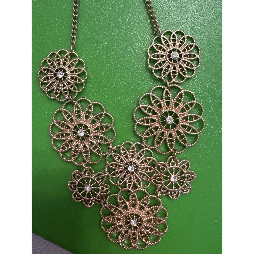 Flower Statement Necklace Daisy Gold Costume Jewelry Rhinestone Y2K Glam - Image 2