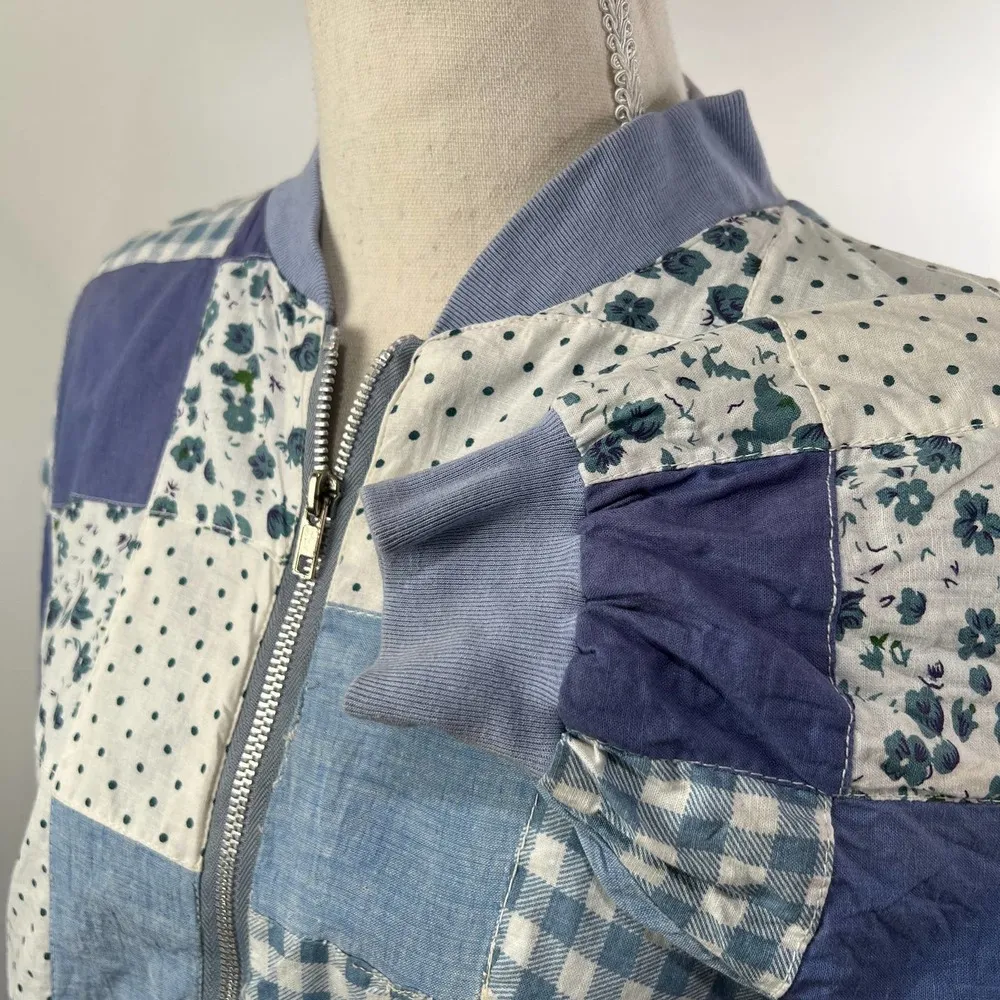 Patchwork Bomber Jacket by Tangibles Blue Cotton Florals Gingham Size M - Image 4